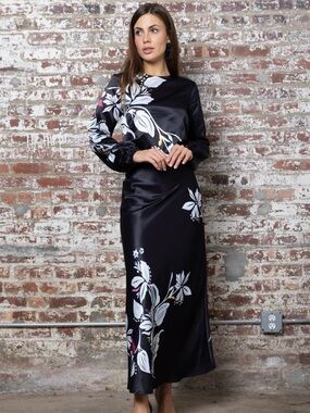 Black Floral Satin skirt set with top - Women's Elegant Long Sleeve